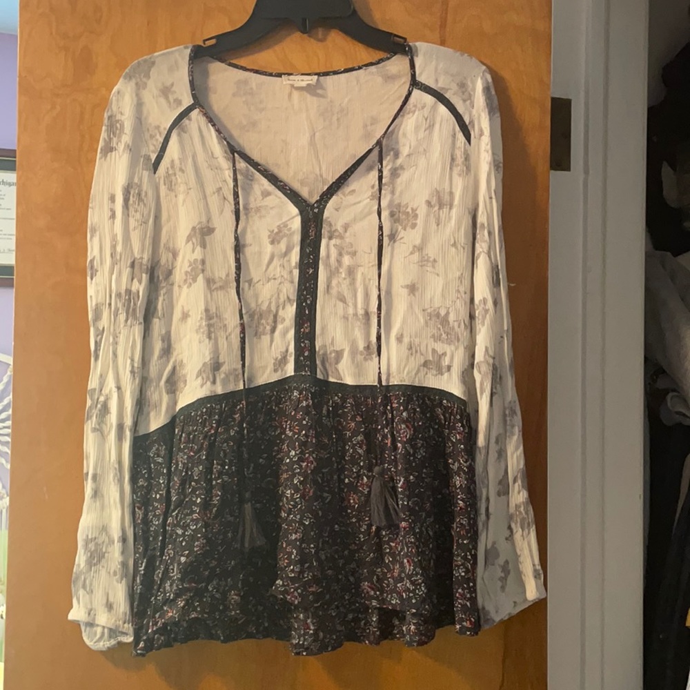 Long sleeve blouse with fringe ties